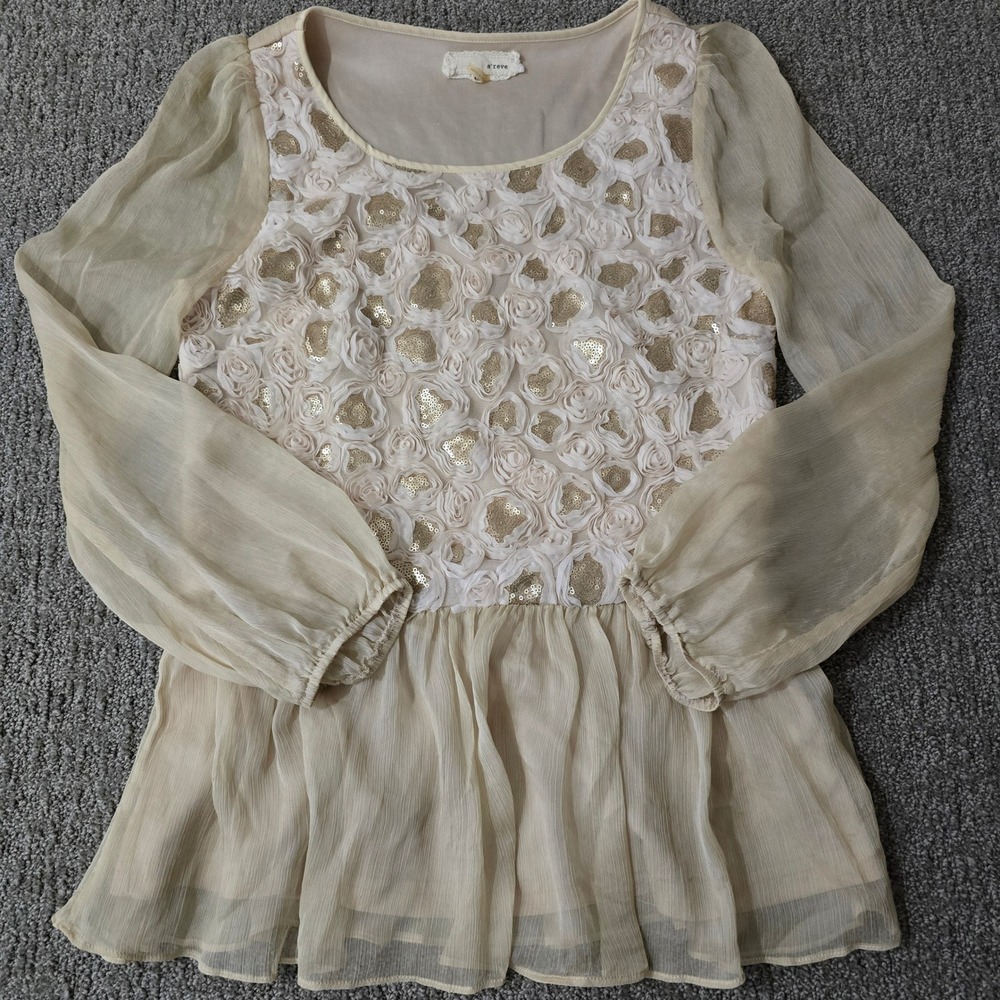 A'Reve Ivory Rosette Sequin Blouse M Sheer Sleeve Peplum Romantic Boho